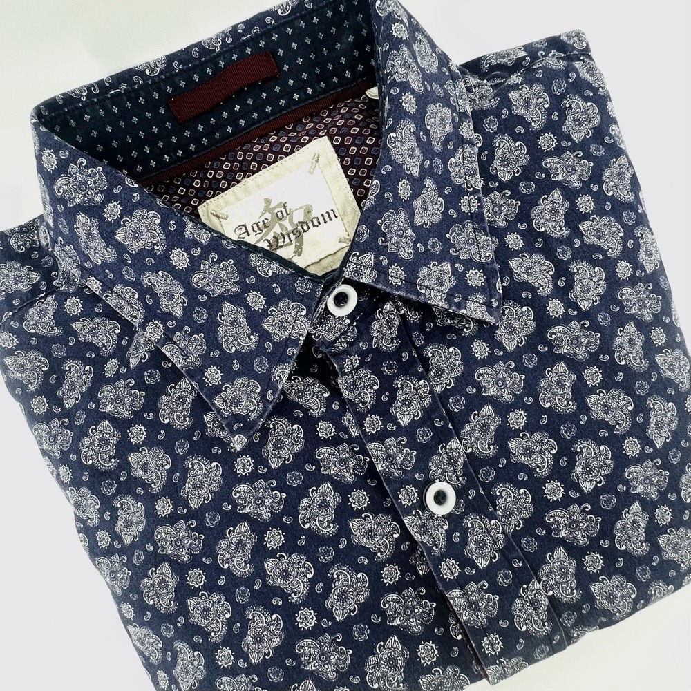 Age‎ of Wisdom Long Sleeve Shirt Men's L Blue Paisley Print Boho Vintage Style